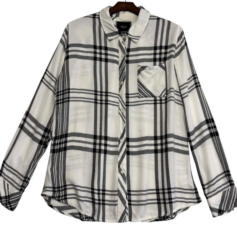 Rails Hunter Plaid Button Down Shirt White Black Rayon Long Sleeve Women M #541